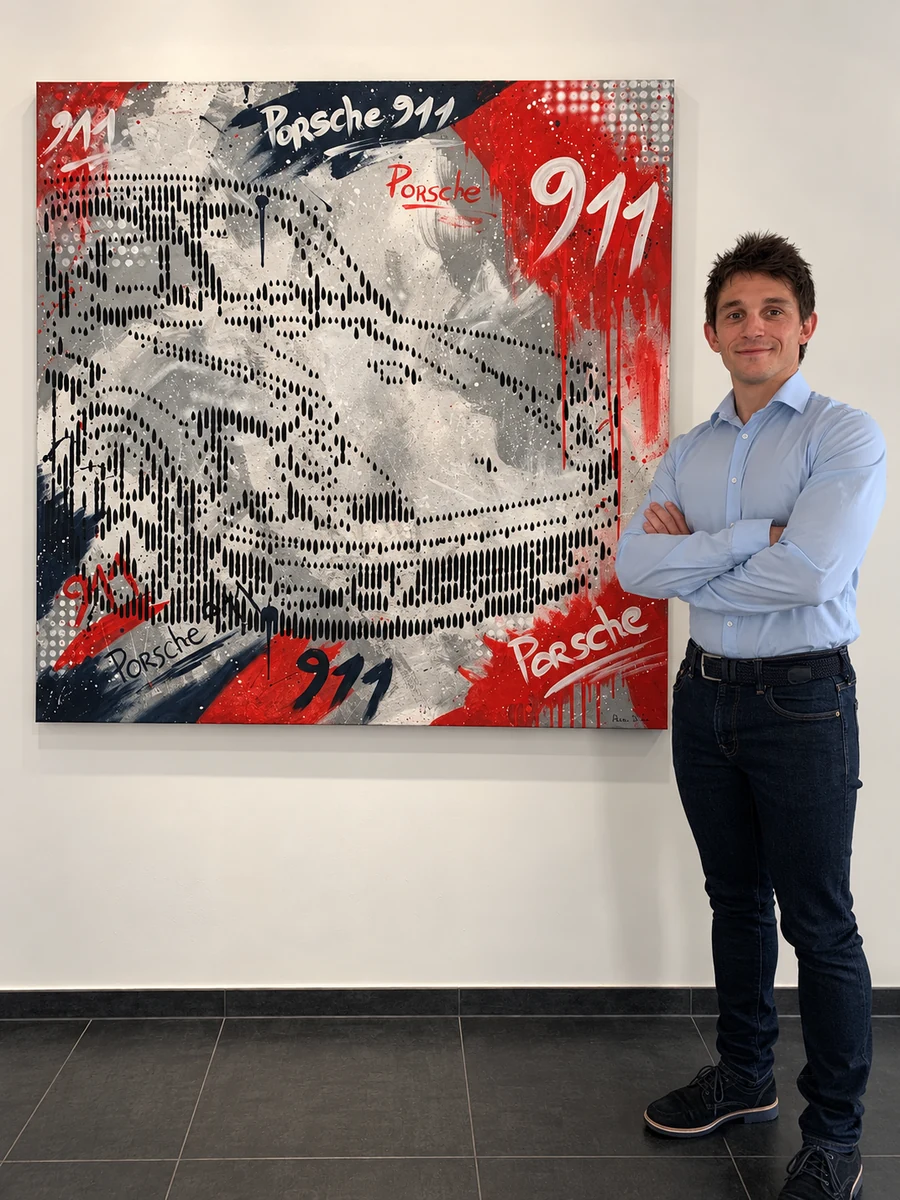 Adrien Di Fazio beside a Porsche 911 Gravity Flow painting